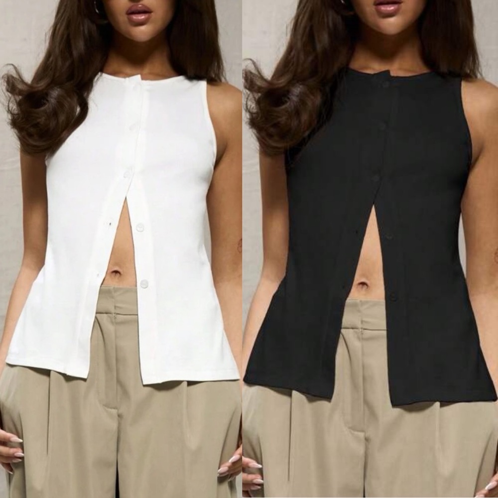 Black button front jersey sleeveless top, stretchy material - Picture 2 of 11